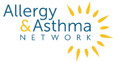 Allergy & Asthma Network logo with blue and yellow text and a yellow sunburst design on the right side.