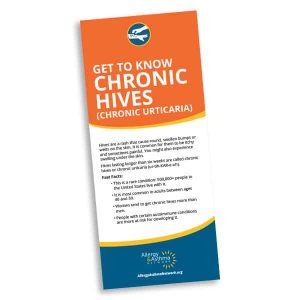 A vertical flyer titled “Get to Know Chronic Hives (Chronic Urticaria)” with facts about chronic hives, including prevalence, age group affected, duration, and increased risk for people with autoimmune conditions.