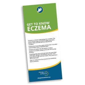A brochure titled “Get To Know Eczema” from the Allergy & Asthma Network explains eczema symptoms and includes the organization’s logo and website on a green, yellow, and blue background.
