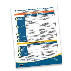 The digital download "Recognizing Anaphylaxis in Infants and Toddlers SPANISH" features an infographic with a table of severe and mild symptoms, icons, and medical organization logos.